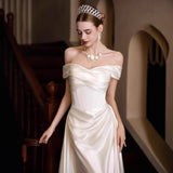 French-Style Linden Face Shoulder Light Wedding Dress Bride Simple Go Out Yarn Super Xian Sen System Body Fishtail White Dress Dress HZ0517