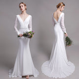 French Light Wedding Dress Bride Simple Temperament White Long-Sleeved Lace Long Tail Dress Dress Go Out Of The Lawn HZ0517