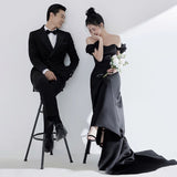 One-Word Shoulder Evening Dress Niche Banquet Host Dress French High-End Feel Fishtail And Set Of Face Dress HZ0517