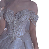 French Word Shoulder Starry Sky Wedding Dress Woman 2026 New Bridal Small Yarn Heavy Industry Luxury Court Style HZ0517