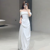 One-Word Shoulder-Senior Silk Dress Bridal High-Senal French Simple Lace Yarn Fishtail Dress HZ0517