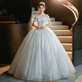French Court Style Wedding Dress 2026 New Bride's Word Shoulder-Sand-Faced Thin Arm Simple Tweed White Wedding Dress HZ0517
