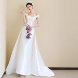 French One-Word Shoulder Light Wedding Dress Bride High-End Feeld With Simple White Yarn Tail Engagement Welcome Dress HZ0517