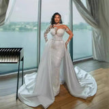 Ding Noodle Bride Wedding Dress White Lace Temperament Main Wedding Dress Beads Long Sleeve Removable Tailed Wedding Dress HZ0517