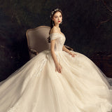 Starry Sky Luxury Main Wedding Dress 2025 New Bridal Small Hepburn Wind Shoulder Dragging Tail Light Wedding Dress Woman HZ0517