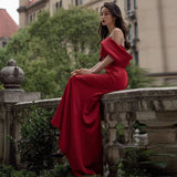 A Toasting Clothes Bride's New Wine Red Shoulder-Sing-Faced Temperament Fishtail Wedding Evening Dress Dress HZ0517