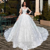 2026 New Long-Sleeved Shoulder Long-Tailed Lace-Puff Skirt Wedding Dress High-End Thin Ceremony Yarn HZ0517