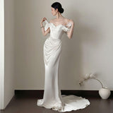 Simplicity Of The Blind Wedding Dress Bride Simple Niche Light Luxury High-End Feeling French Fishtail Go Out Yarn White Dress Dress HZ0517