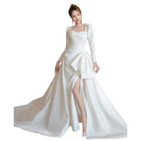 Sing Long-Sleeved Light Wedding Dress Bride High-Grade French White Simple Tailings Out Of The Yarn Temperament Hepburn Style Dress HZ0517