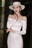 One-Word Shoulder-Sand-Socket French Light Wedding Dress Simple White Thin Fish Tail Long Sleeve 2025 New Banquet Dress HZ0517