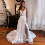 Spring Lace Wedding Dress Bridal Dress Sling Long Small Tail High Sense Bridal Dress Side Opening Fork HZ0517