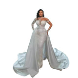 Ding Noodle Bride Wedding Dress White Lace Temperament Main Wedding Dress Beads Long Sleeve Removable Tailed Wedding Dress HZ0517