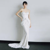 French Light Wedding Dress Bride Simple Tective Shaft Sensior Retro High-End White Fishtail Lace Dress Dress HZ0517
