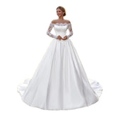 One-Word Shoulder Wedding Dress Long-Sleeved Lace Bridal Prom Temperament Elegant Vertevester Tail White Simplicity HZ0517