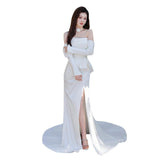 One-Word Shoulder Light Wedding Dress Korean Super Xiansen Bride's Morning Robes Go Out Of The Yarn High-End Feeling Light Luxury Thin Fishtail Dress HZ0517