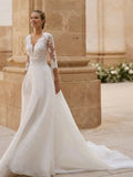 Wedding Dress 2026 New Elegant V-Neck Wedding Dinner Formal Occasion Lace Long-Sleeved A-Sided Dress Woman HZ0517