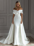 French-Style Densted-Faced Light Wedding Dress 2026 New Word Shoulder Long Tail Temperament Simple Heben Style Main Wedding Dress Woman HZ0517