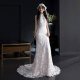 French Light Wedding Dress Bridal Feeling SmallÖÚ Sensian Retro Hanging Neck Yarn Super Fairy Fishtail Lace Dress Dress HZ0517