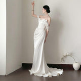 Simplicity Of The Blind Wedding Dress Bride Simple Niche Light Luxury High-End Feeling French Fishtail Go Out Yarn White Dress Dress HZ0517
