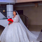Luxury Grand Ball Dress Lace Lebright Wedding Dress V-Neck Long Sleeve Bride Dress Pearl Lace Duffet Long Sleeve HZ0517