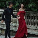 A Toasting Clothes Bride's New Wine Red Shoulder-Sing-Faced Temperament Fishtail Wedding Evening Dress Dress HZ0517