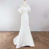French Light Wedding Dress Bride A Simple Shoulder Towel Go Out White Body-Repaired Fishtail Dress Dress HZ0517