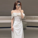One-Word Shoulder-Senior Silk Dress Bridal High-Senal French Simple Lace Yarn Fishtail Dress HZ0517