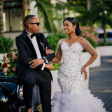 Large-Size Luxury Wedding Dress Bridal Dress African Mermaid Long-Sleeved Bead Lace Pearl HZ0517