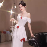 White Evening Dress Sexy Famous Luxury Niche High-End Rose Flower Birthday High-End Feel Dress Adult Ceremony HZ0517