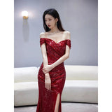 Fishtail Toast Bridal Wine Red Open Fork Engagement Dress Dress Squins Shoulder Host Senior Sense HZ0517