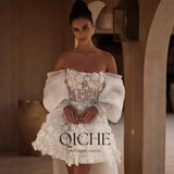 For A Word Shoulder Three-Dimensional Flower Short Dress Before The Long Tailed Bride Engagement Dress HZ0517