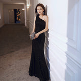 Black Evening Dress Women's 2026 New Banquet Temperament Single-Shoulder Fishtail Hosting Dresses/Evening HZ0517