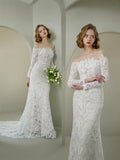 French Lace Elegant Temperament Shoulder Long-Sleeved Fish Tail Thin Bride Outdoor Lawn Wedding Dress Wedding Dress HZ0517