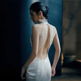 Sexy Bare Back Light Wedding Dress Light Luxury Bride Wedding Fishtail Morning Robe Out White Simple Set Of Face Dress White HZ0517