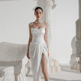 Tmear Fish Bone Folded Bag Ass Bridal Wedding Toast Dress Autumn New Hepburn High Open Fork Skirt HZ0517