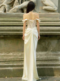 French White Light Wedding Dress Shoulder Flower Dress Slim Thin Banquet Dress Long Dress HZ0517