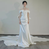 French-Style Vertinium Light Wedding Dress Bridal Sense Of Simple Temperament Shoulder Yarn Fishtail White Welcome Dress HZ0517