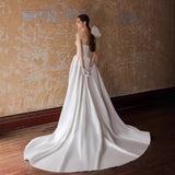 New One-Shoulder Dingy Wedding Dress Simple Fashion Open-Fork Studio Wedding Dress Tug Tail Thin Travel Wedding Dress HZ0517