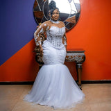 African Mermaid Bridal Wedding Dress High-Necked Lace Poster Long-Sleeved Bridal Dress Lady Official Party Dress HZ0517