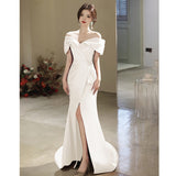 French One-Word Shoulder-To-Night Dress Sexy Open-Fork White Art Test Solo Performance Suit Waist Fish Tail Small Tail Light Marriage HZ0517