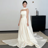 French High-End Light Wedding Dress Bride Simple Tective Twilight Linen Linen Welcome Out Yarn Tail White Dress Dress HZ0517