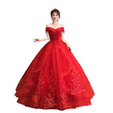 One-Word Shoulder Red Wedding Dress New Dress Together With The Thin Bride Fluffy Skirt Wedding Dress Wedding Dress Chinese High Sense HZ0517
