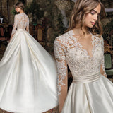 High-End New Wedding Dress Deep V Long Sleeve Temperament Thin Lace Small Tail Court Wedding Dress HZ0517