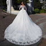 New Bridal Wedding Dress Word Shoulder Long Sleeves Thin Temperament Drag Lace Dress HZ0517