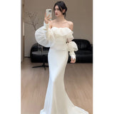 French Word Shoulder-Senselyny Light Wedding Dress Bride Simple Mori High-Quality Fishtail Welcome Dress Dress Yarn HZ0517