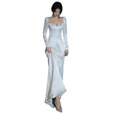 French Long-Sleeved Light Wedding Bridal Temperament Simple Spring And Autumn Fastern Go Out Yarn Super Fairy White Fishtail Dress Skirt HZ0517