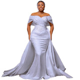 One-Word Shoulder Wedding Dress And Tail Female Senior Banquet Temperament Famous Host Small Sexy Heavy Industry Nails HZ0517