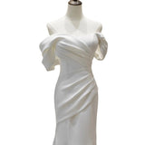 French Light Wedding Dress Bride A Simple Shoulder Towel Go Out White Body-Repaired Fishtail Dress Dress HZ0517