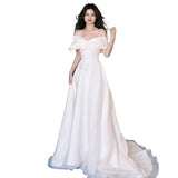One-Word Shoulder-Swear-Faced Light Wedding Dress French Wedding Bride Simple White Yarn Temperament Tail Welcome Engagement Dress Dress HZ0517