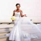 New Wedding Dress Lace Fishtail Sexy Sling Shoulder Size Bridal Dress Heavy Industry Drag Tail Main Yarn Africa HZ0517